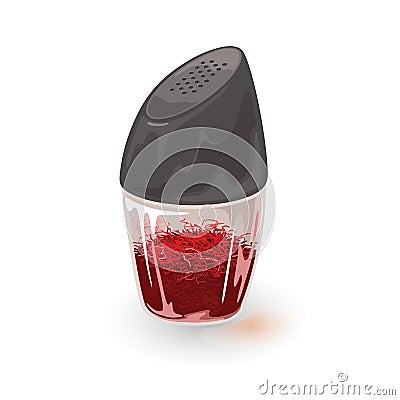 Dry saffron is in transparent shaker, tin with black plastic lid. Indian spices with red hot pepper. Vector Illustration