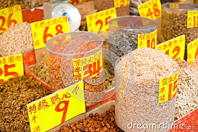 Dry seafood on the markets of Chun Yeung Street in Hong Kong Editorial Stock Photo