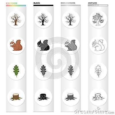 Dry tree in the forest, squirrel, oak leaf, stump. Forest set collection icons in cartoon black monochrome outline style Vector Illustration