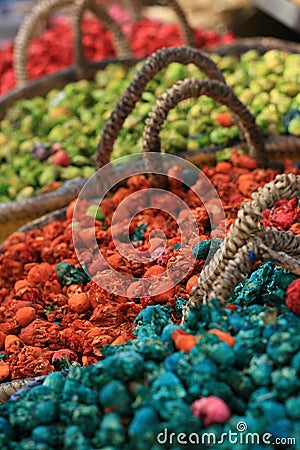 Dryed flowers in baskets,pot pourri various colors Stock Photo