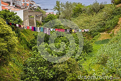 Drying clothes, Maia town on Sao Miguel island, Azores archipelago Stock Photo