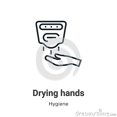 Drying hands outline vector icon. Thin line black drying hands icon, flat vector simple element illustration from editable hygiene Vector Illustration