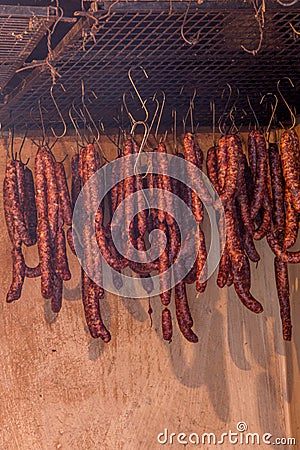 Drying homemade sausages Stock Photo