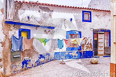 Drying laundry in Nazare. Portugal Stock Photo