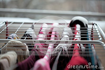 Drying Laundry Outdoors in Winter Stock Photo