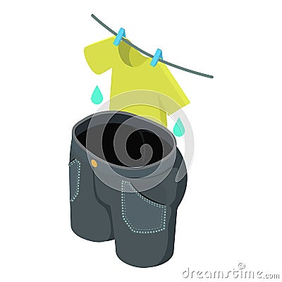 Drying linen icon isometric vector. Wet tshirt on clothesline and denim breeches Vector Illustration