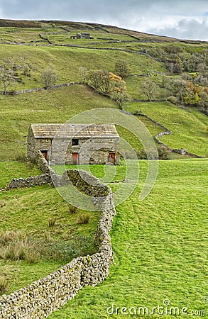 Drystone wall, leading to traditional stone barn. Yorkshire Dales. Stock Photo