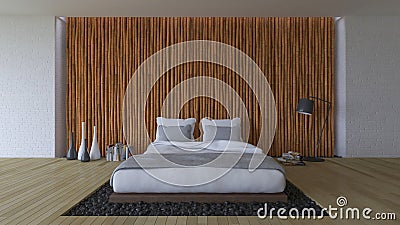 3Ds bed and bamboo wall Stock Photo