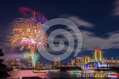 Odaiba firework and rainbow bridge Tokyo Japan on New year Stock Photo