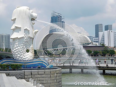 Singapore Merlion statue and fountain, the national symbol of the city-state. Editorial Stock Photo