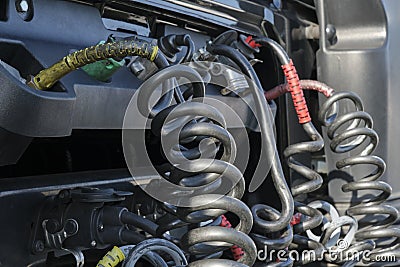 Closeup of pressure hoses, electrical wires and cables on a european truck Stock Photo