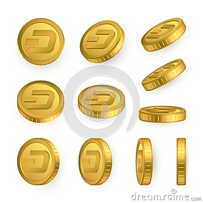 DSH. Dash gold coins set isolated on white background. Cryptocurrency concept. Vector illustration Vector Illustration