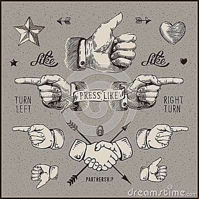 Dsign elements - thumb up, pointer, handshake. Stock Photo