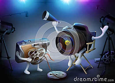 DSLR Camera Director And Throwaway Assistant On A Movie Set Stock Photo