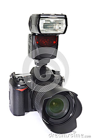 DSLR camera, lens and flash Stock Photo