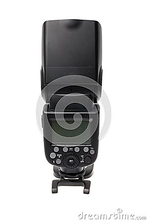 DSLR camera speedlite flash with its display on its stand, isolated on white background Stock Photo