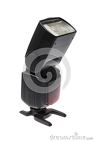 DSLR camera speedlite flash on its stand, isolated on white background Stock Photo