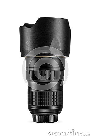 DSLR camera zoom lens with hood isolated on white. Professional photography equipment, side view Stock Photo