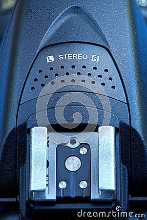 DSLR hot shoe and stereo microphone. Close up. Stock Photo