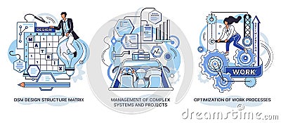 DSM Design structure matrix. Management of complex systems and projects. Optimization of work processes Vector Illustration