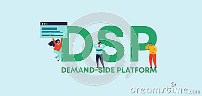 DSP demand side platform. Development of online applications digital graphic scripts and business monitoring. Vector Illustration