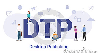 Dtp desktop publishing concept with big word or text and team people with modern flat style - vector Cartoon Illustration