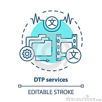 DTP services blue concept icon. Desktop publishing services idea thin line illustration. Copy editing, content Vector Illustration