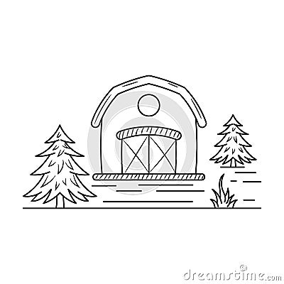 Barn House and pine trees vector illustration with simple hand drawn style Cartoon Illustration