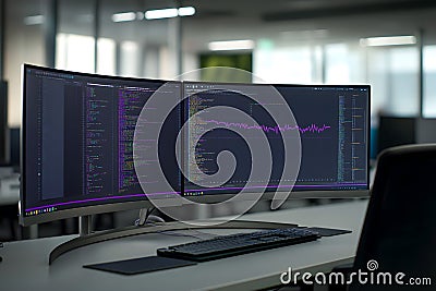 Dual curved monitors displaying code and data analytics in a dimly lit office environment Stock Photo