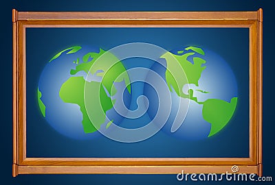 dual earth in wooden picture modern frame Stock Photo