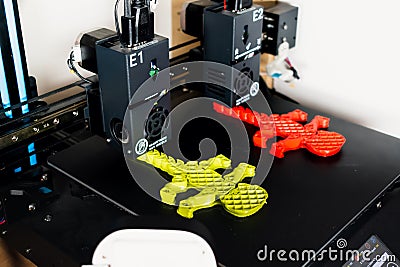 Dual extruder 3d printer which is printing two bicolor model, idex technology Stock Photo