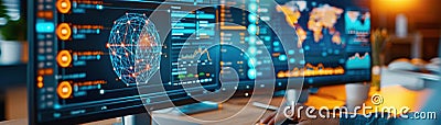 Dual monitors displaying data analytics and global maps, emphasizing international market analysis in a tech-savvy environment Stock Photo