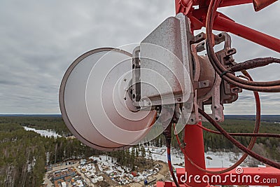 Dual-polarized antenna with outdoor units with orthomode transducer of radio transmission system is one part of Stock Photo