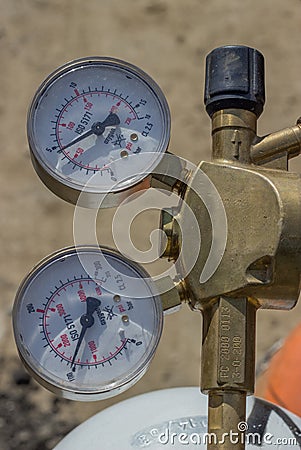 Dual pressure gauges of oxy acetylene tanks Stock Photo