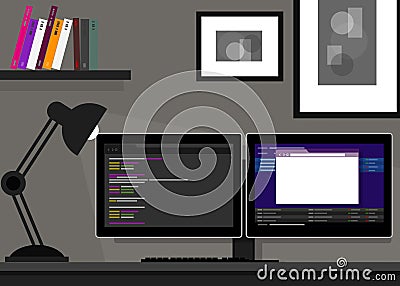 Dual two monitor programming coding web Vector Illustration