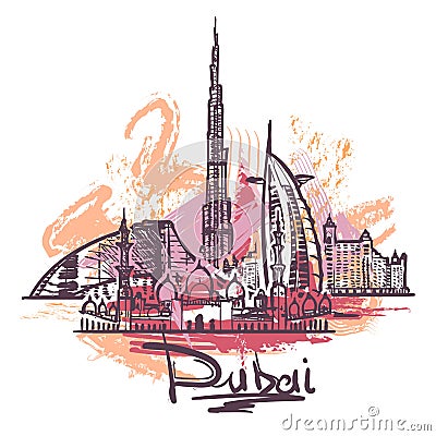 Dubai abstract color drawing illustration isolated on white background Cartoon Illustration