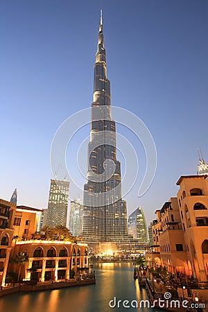 Dubai Burj Khalifa Downtown skyscraper night twilight blue hour Stock Photo