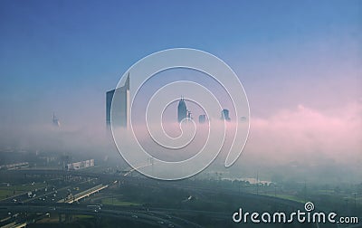 Dubai city fog in the morning Stock Photo