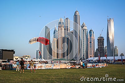 Dubai city fun parachuting activities at Dubai Marina Editorial Stock Photo