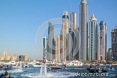 Dubai city fun parachuting and water activities, Tourist attractions at Dubai Marina Editorial Stock Photo