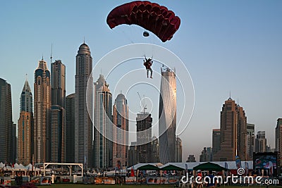 Dubai city fun parachuting and water activities, Tourist attractions at Dubai Marina Editorial Stock Photo