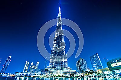 Dubai downtown and Burj Khalifa at night Stock Photo