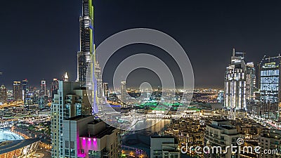 Dubai downtown cityscape with Burj Khalifa, LightUp light show aerial timelapse Stock Photo