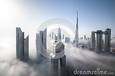 Dubai Downtown on a foggy morning. Stock Photo