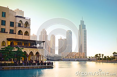 Dubai downtown at sunset Stock Photo