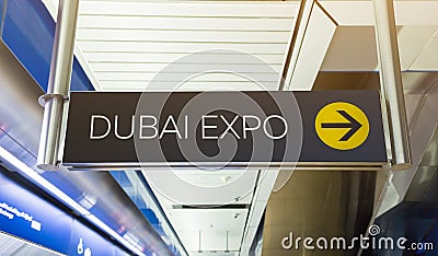 Dubai Expo 2020. Pointer at the metro station. Station name and exit direction Stock Photo