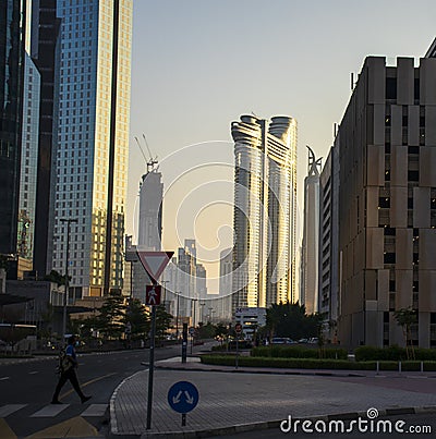 Dubai Financial Center road. Address Sky view hotel can be seen on the scene Editorial Stock Photo