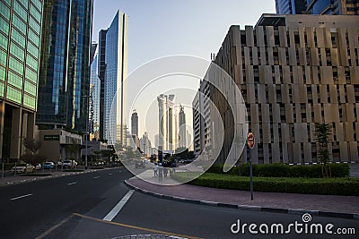 Dubai Financial Center road. Address Sky view hotel can be seen on the scene. Outdoors Editorial Stock Photo