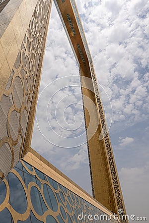 The Dubai Frame modern architecture in downtown golden color on a blue sky sunny day Editorial Stock Photo