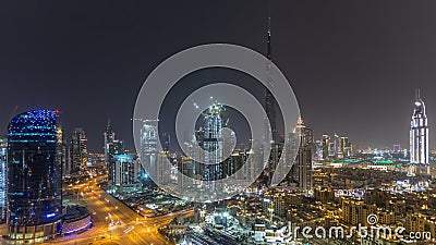 Dubai i stadens centrum cityscape med Burj Khalifa, timelapse för antenn för LightUp ljusshow lager videofilmer Dubai i stadens centrum cityscape med Burj Khalifa, timelapse för antenn för LightUp ljusshow lager videofilmer